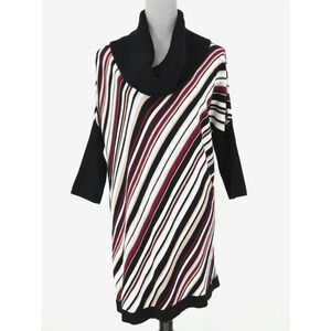 WHBM Sweater Womens Large Wool Blend Black White Burgundy Stripe Cowl Neck